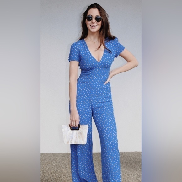 Free People Cornflower Blue Floral Jumpsuit Suit Jumper Romper Wide Leg size  10 - Picture 9 of 13